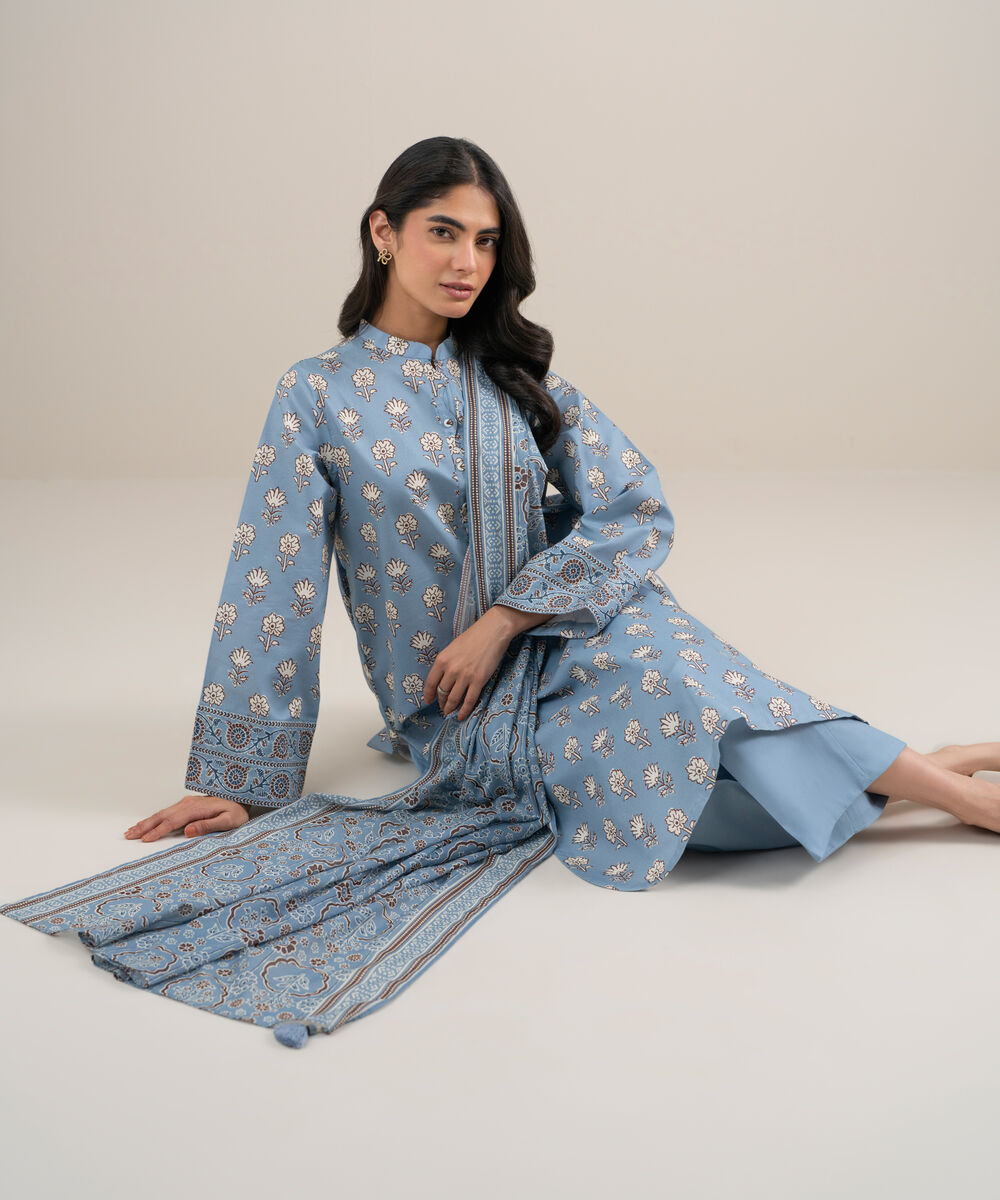 Women's Unstitched Lawn Printed Ice Blue 3 Piece Suit
