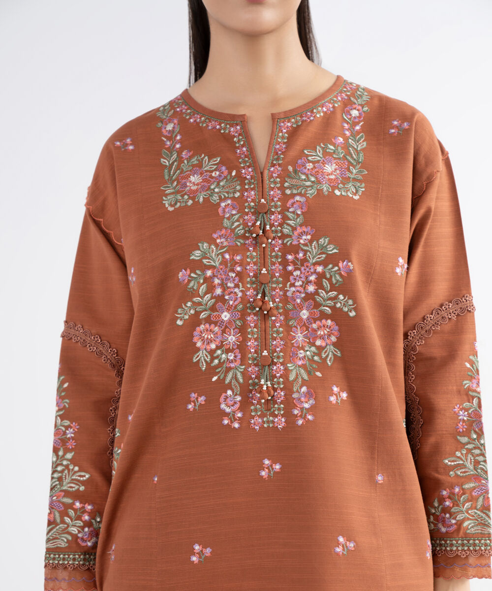 Women's Unstitched Khaddar Embroidered Brown 3 Piece Suit