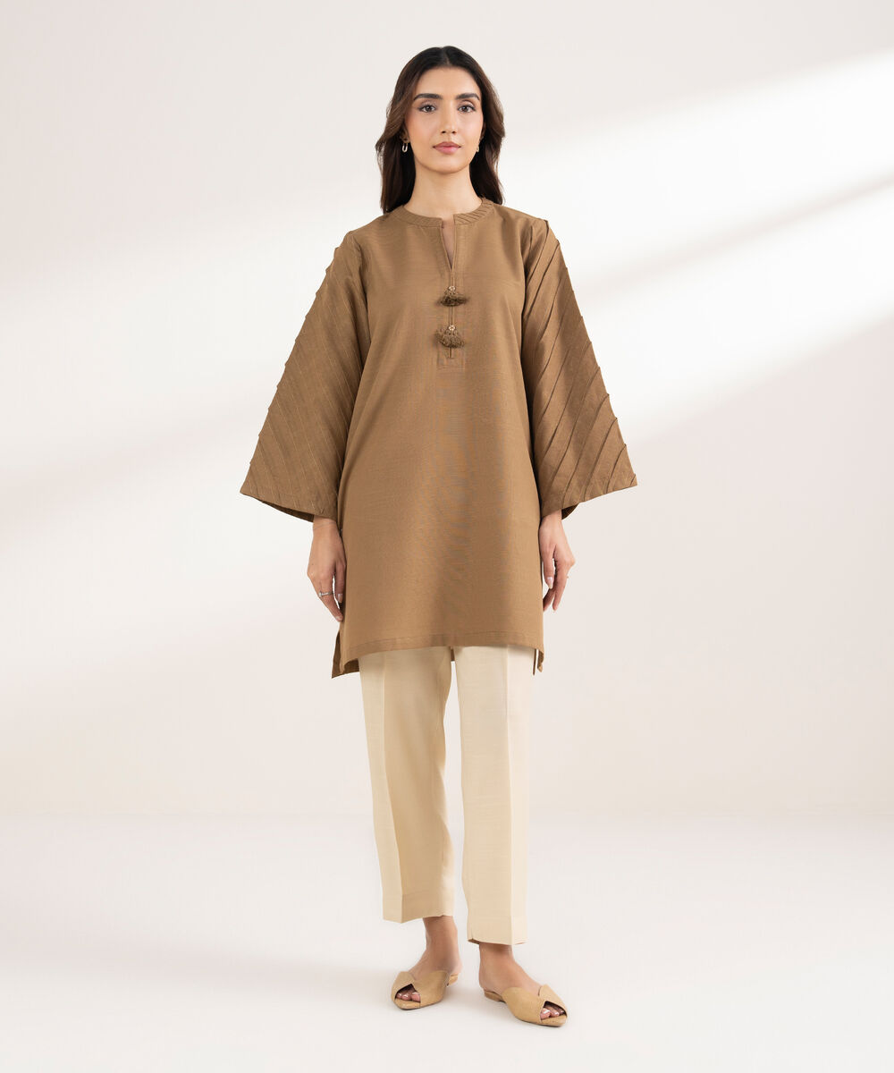 Women's RTW Khaddar Solid Straight Beige Shirt