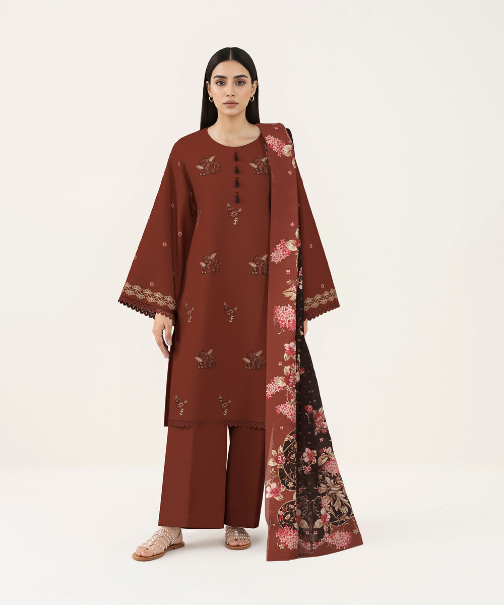 Women's Unstitched Lawn Deep Rust Embroidered 3 Piece Suit