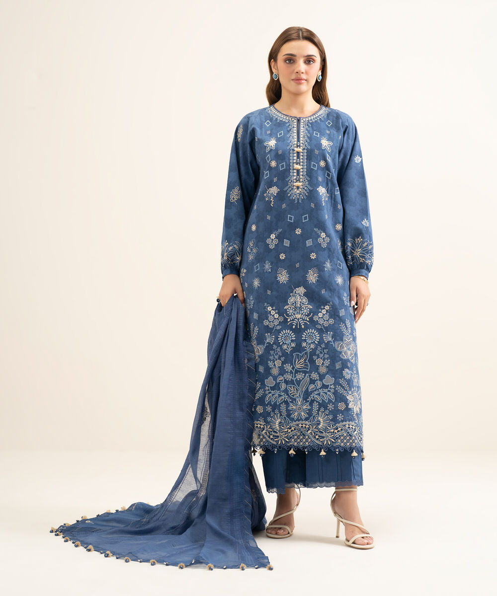 Women's Unstitched Cotton Jacquard Embroidered Blue 3 Piece Suit