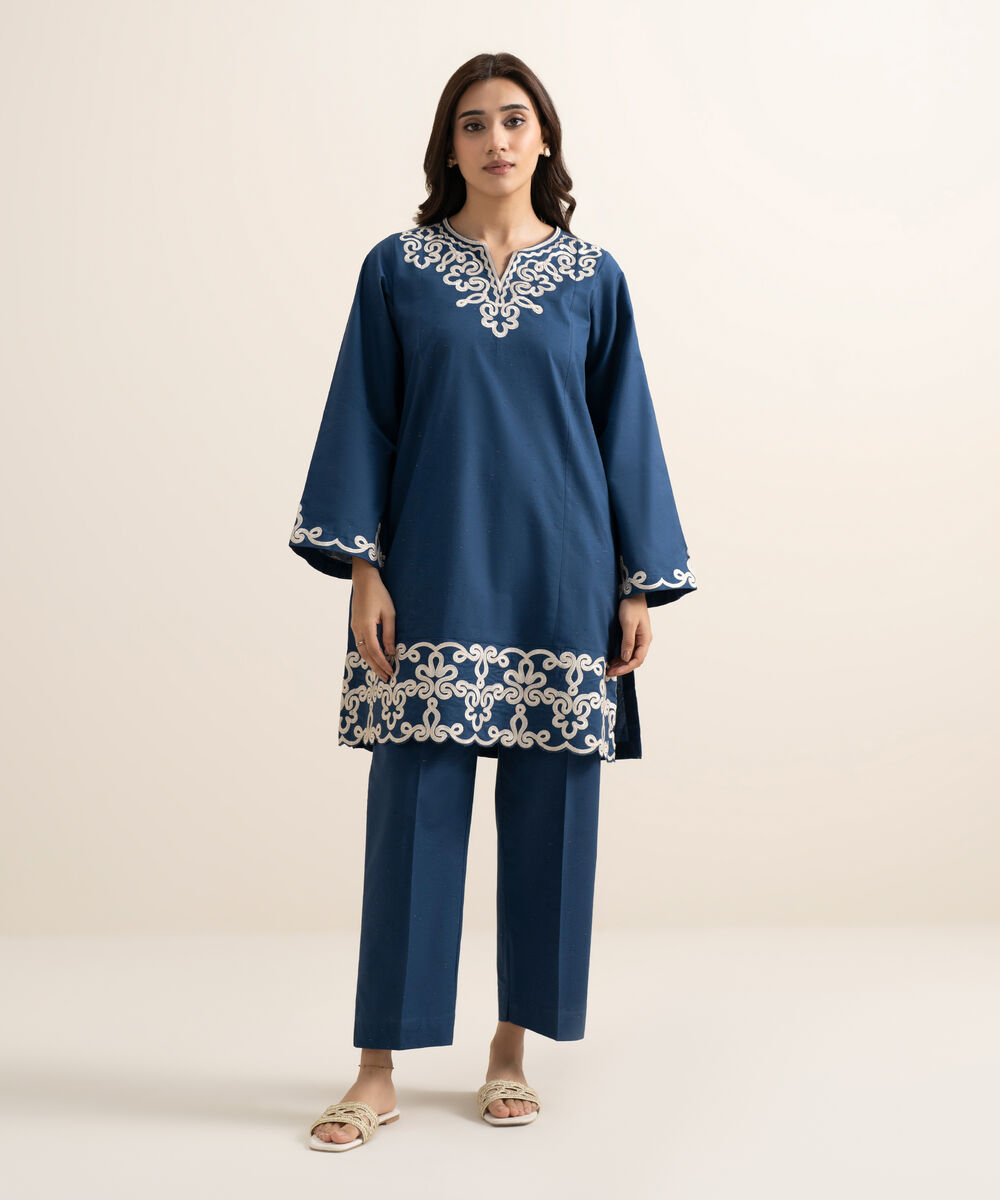 Women's RTW Multi Neps Embroidered Blue Straight Shirt
