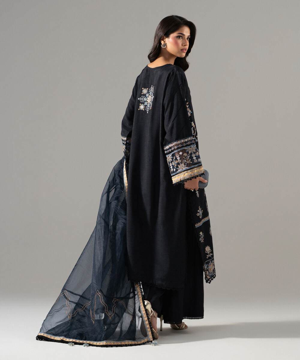 Women's RTW Raw Silk Solid Embroidered Black 3 Piece Suit