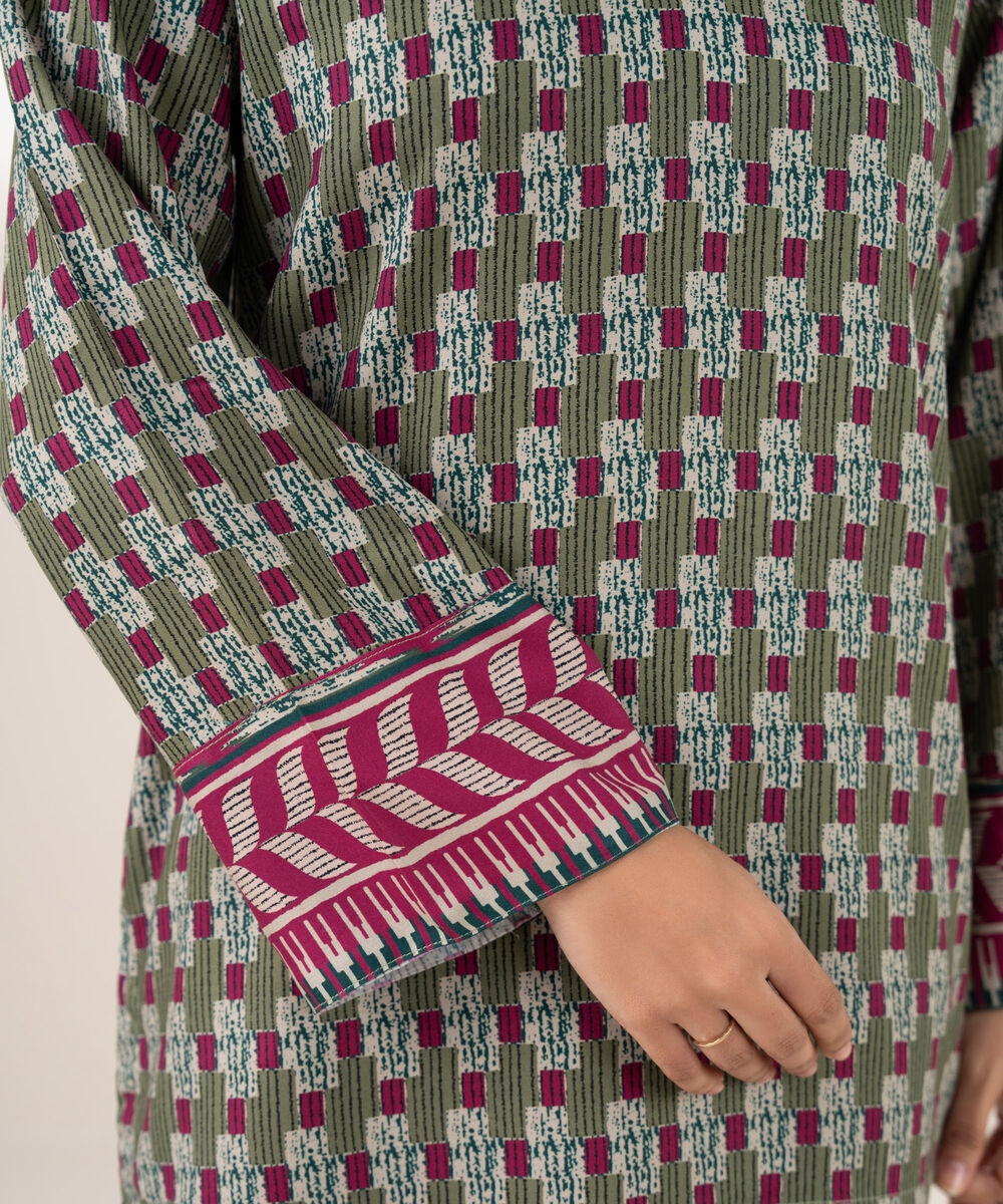 Women's RTW Viscose Linen Printed Straight Green Shirt