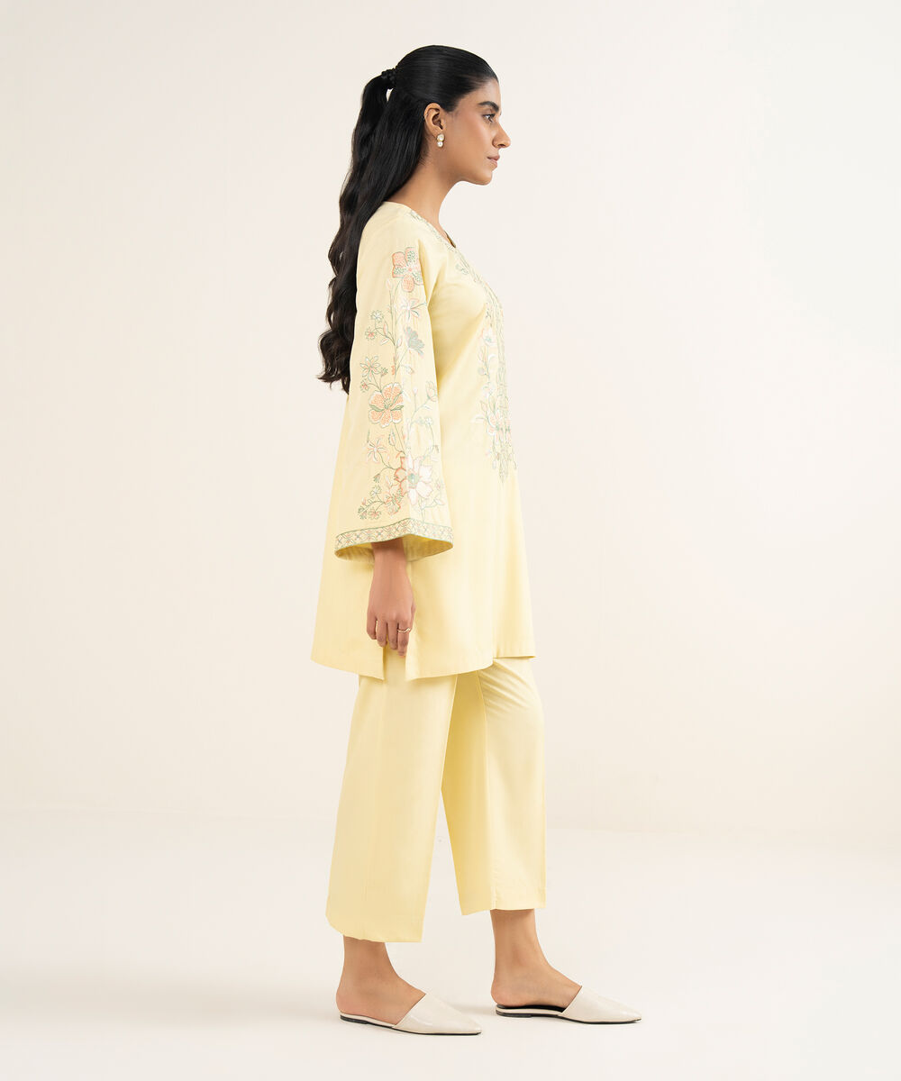 Women's RTW Self Jacquard Leno Embroidered Pale Yellow Straight Shirt