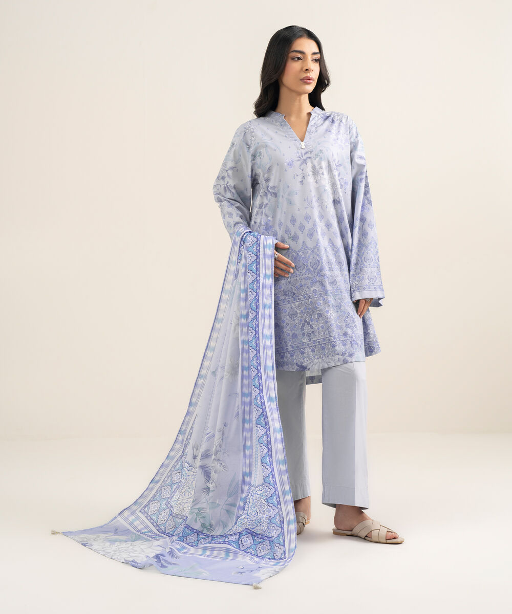 Women's RTW Cotton Viscose Printed Purple Straight Shirt