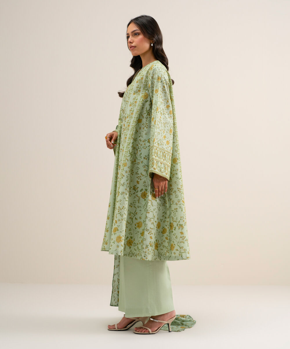 Women's Unstitched Printed Cotton Viscose Light Mint 3 Piece Suit
