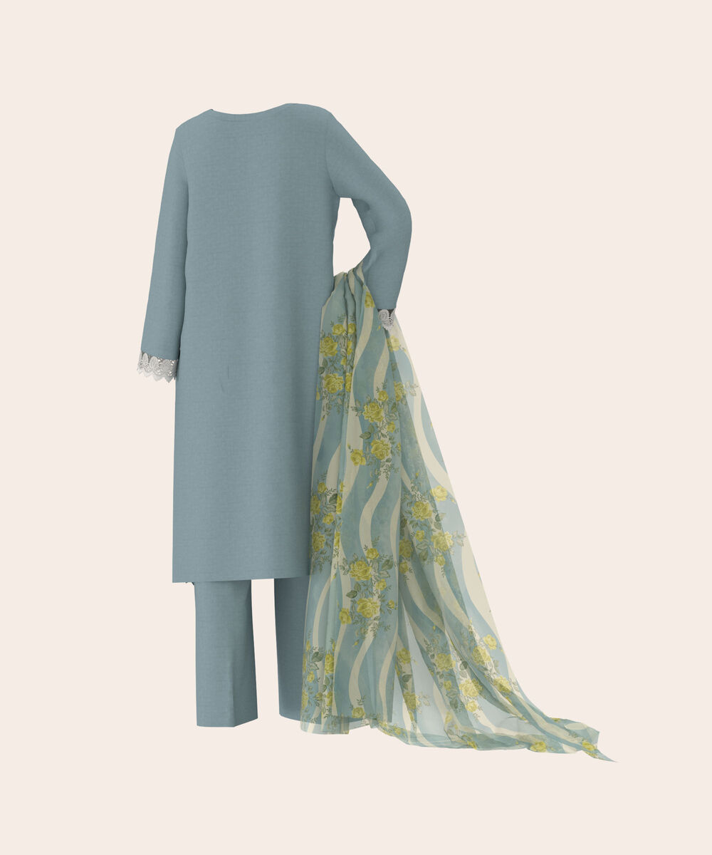 Women's Unstitched Self Jacquard Blue  Embroidered 3 Piece Suit