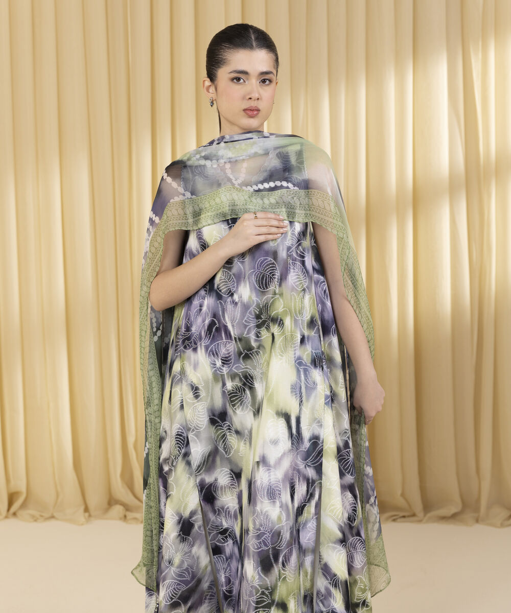 Unstitched Women's Green Extra Weft Jacquard 3 Piece Suit