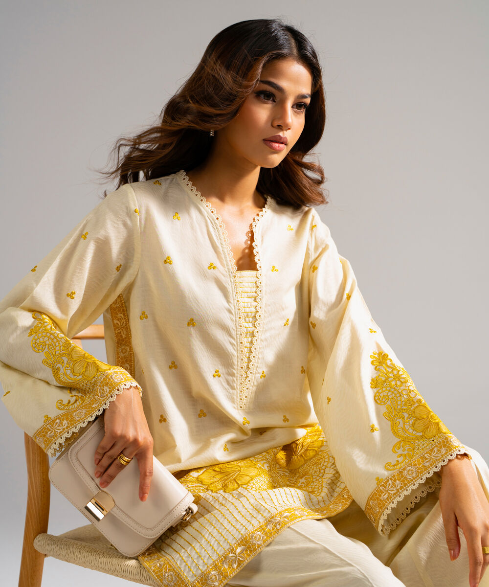 Women's RTW Self Jacquard Embroidered Pale Yellow 2 Piece Suit