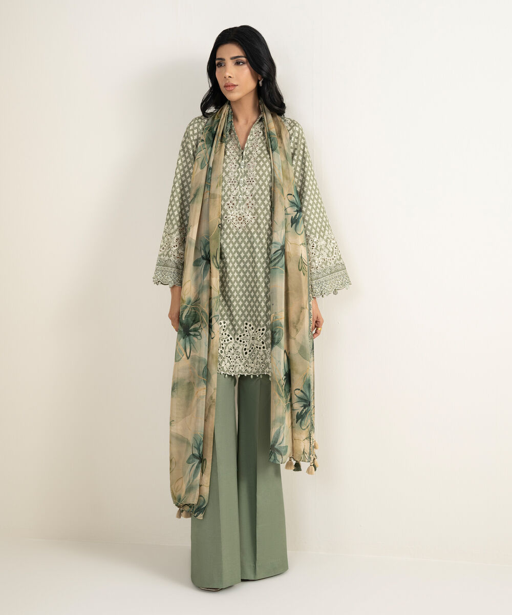 Women's Unstitched Cotton Jacquard Embroidered Green 3 Piece Suit