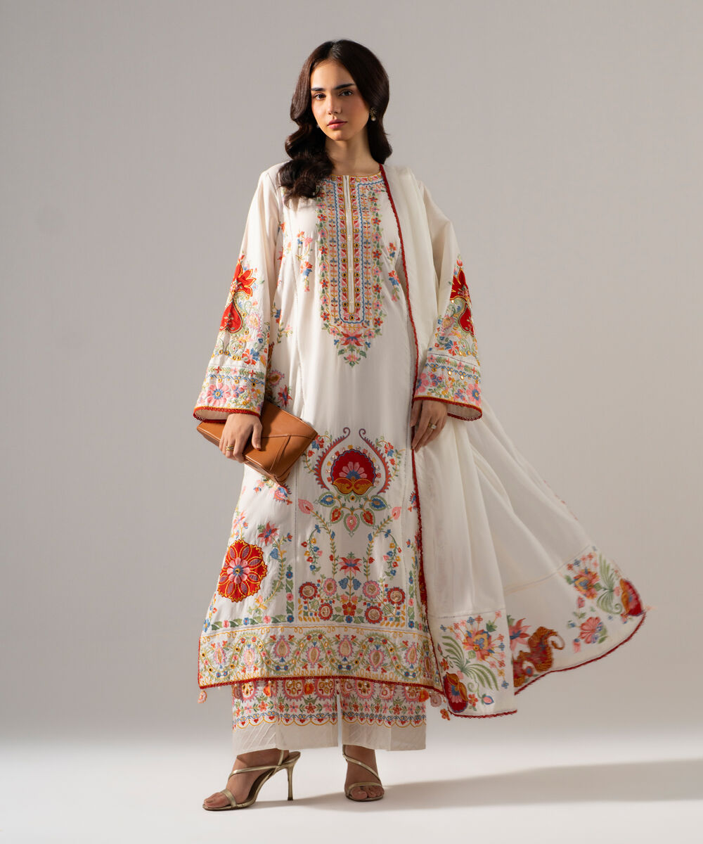 Women's RTW Lawn Solid Embroidered Off White 3 Piece Suit