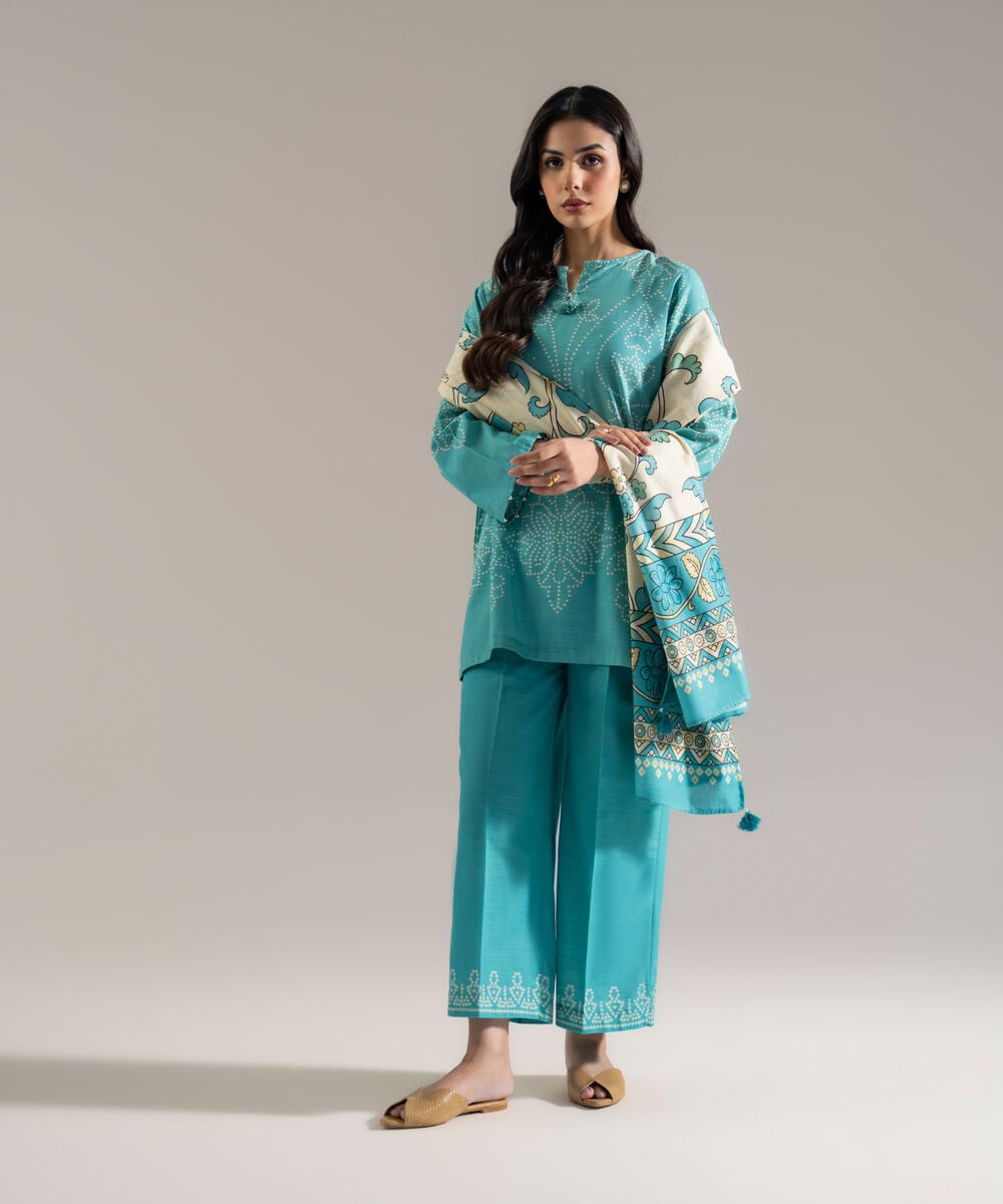 Women's RTW Khaddar Printed Blue 3 Piece Suit