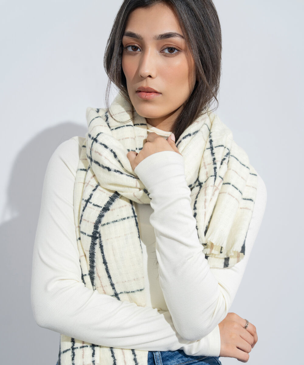 Women's Western Wear Off White & Black Plaid Woollen Scarf