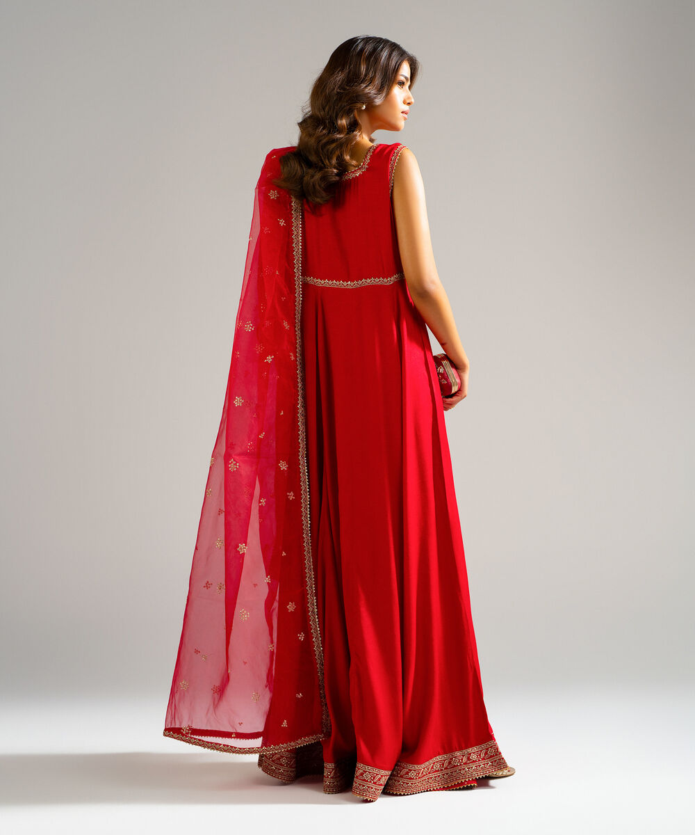 Women's RTW Raw Silk Embroidered Red 2 Piece Suit