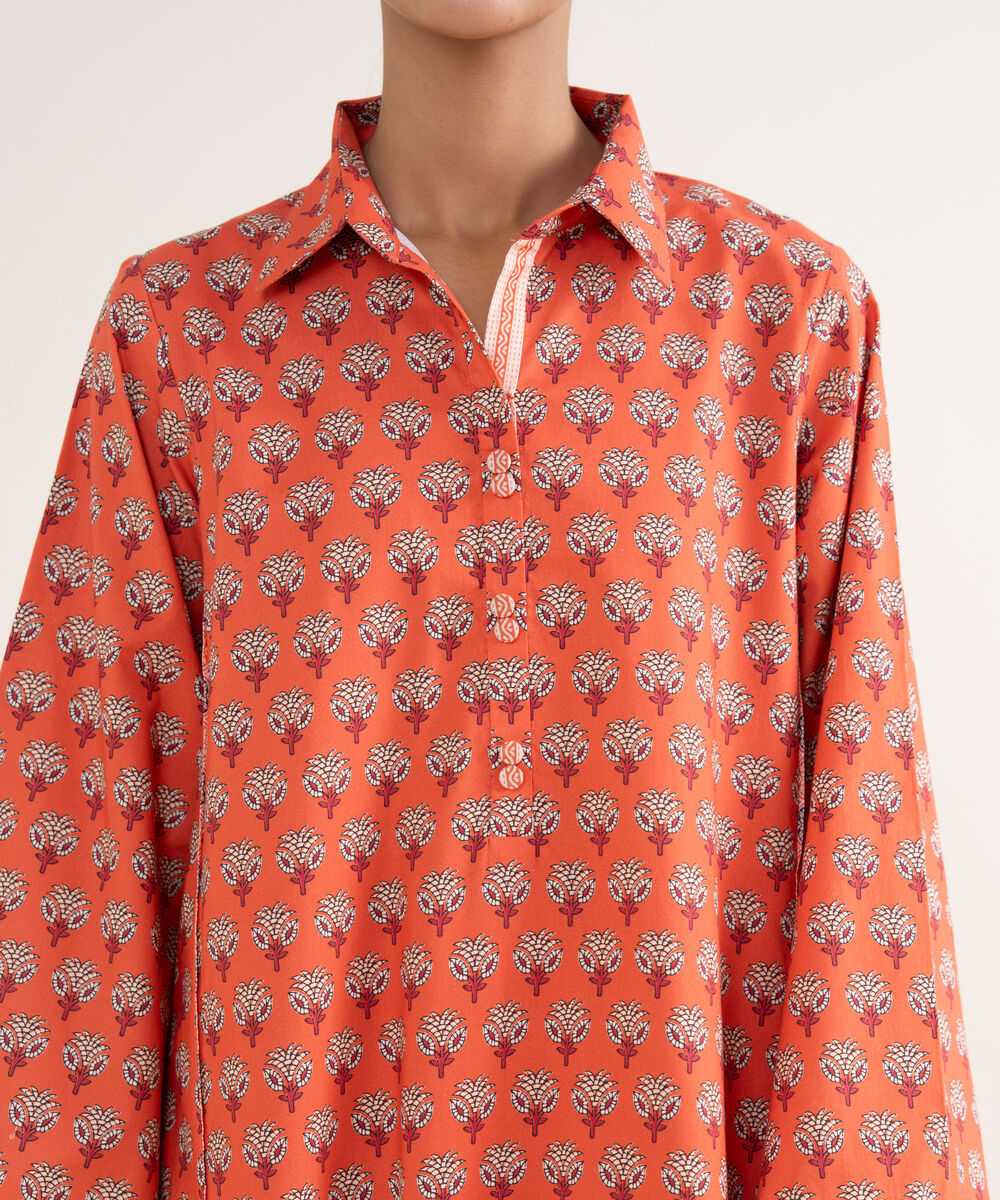 Women's Unstitched Cotton Printed Orange 3 Piece Suit