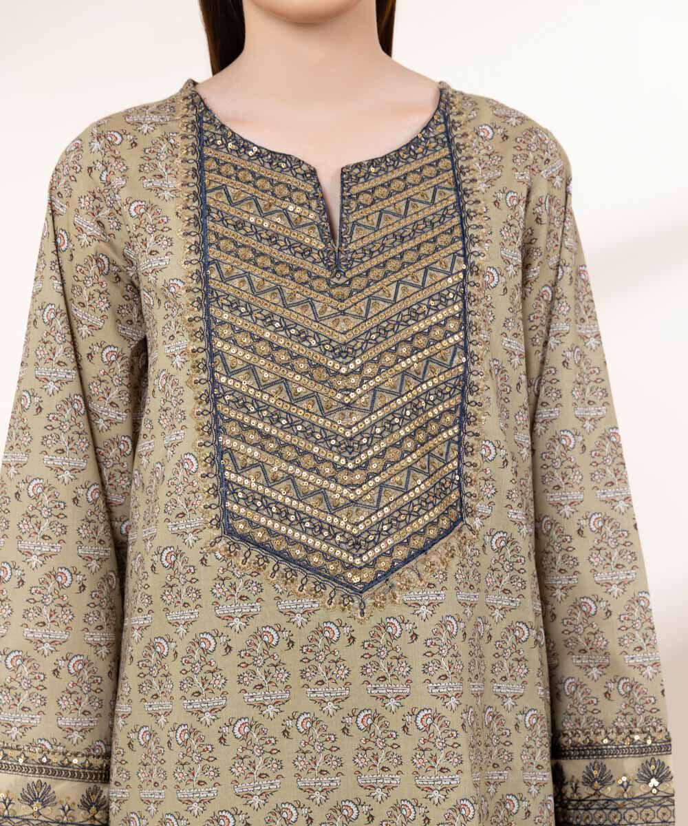 Women's RTW Lawn Green Embroidered A-Line Shirt