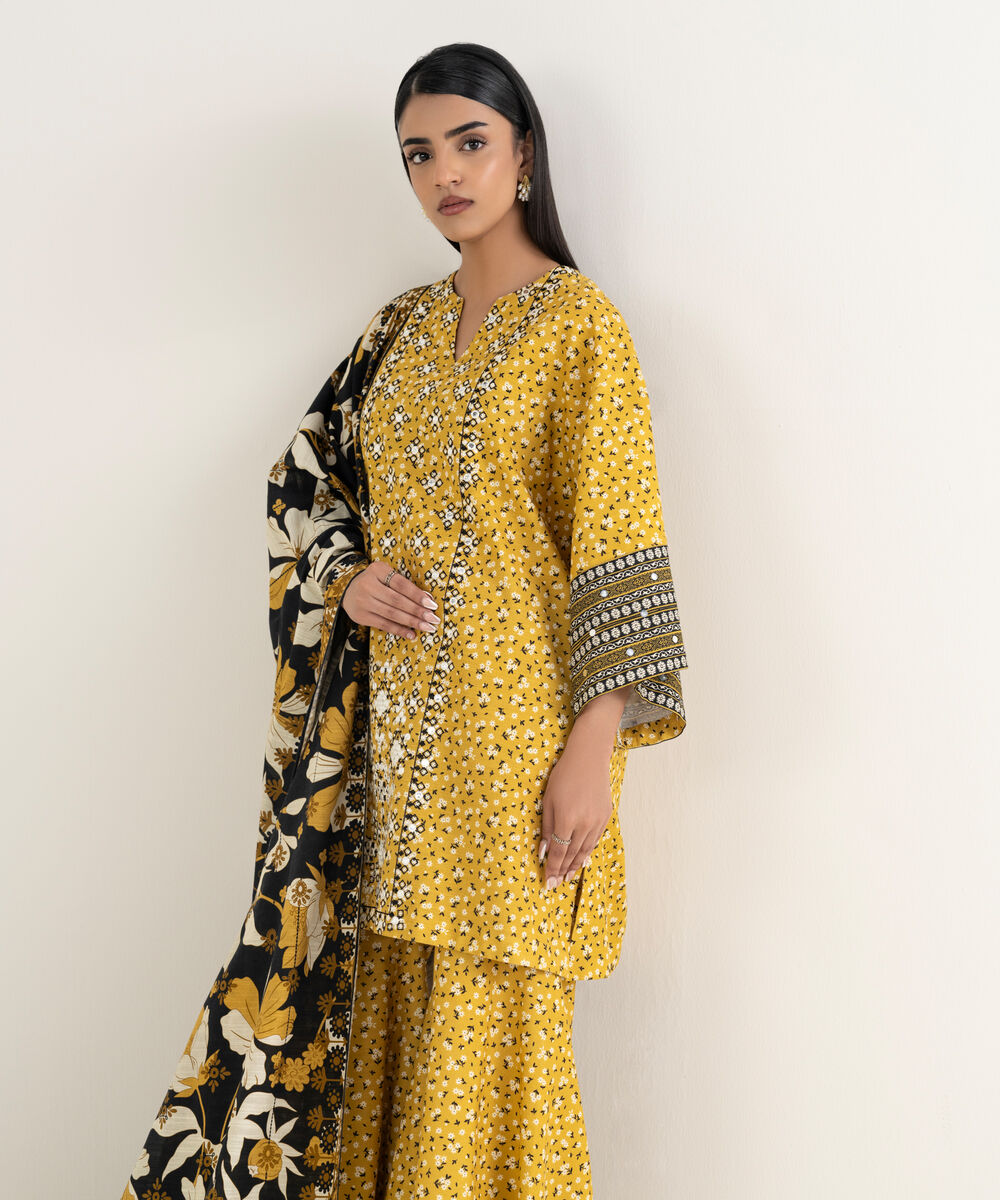 Women's Unstitched Embroidered Khaddar Yellow 3 Piece Suit