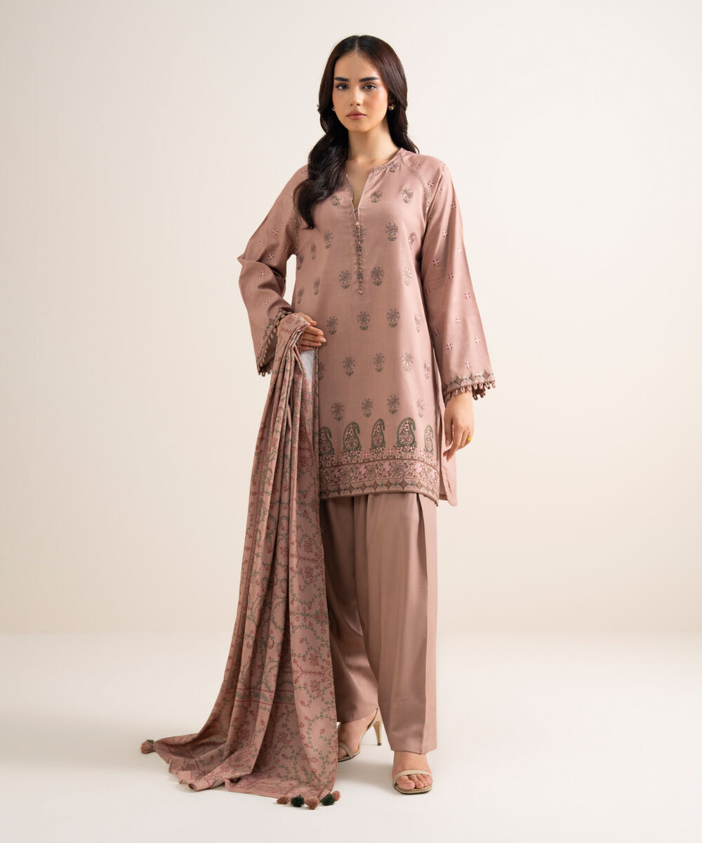 Women's Unstitched Embroidered Linen Pink 3 Piece Suit