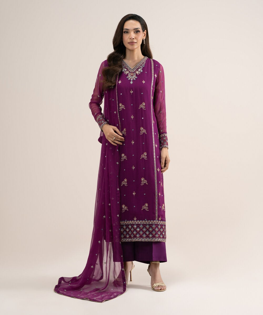 3 Piece - Embroidered Chiffon Suit