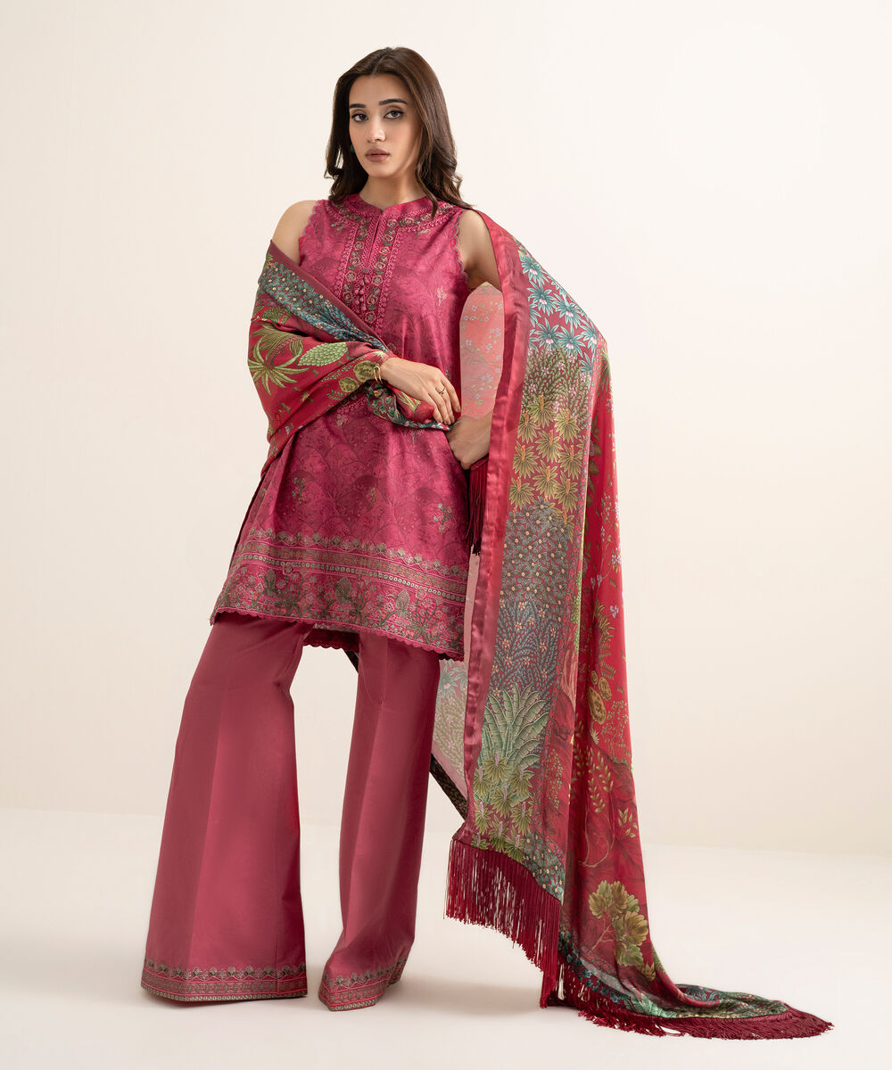 Women's Unstitched Lawn Embroidered Pink 3 Piece Suit
