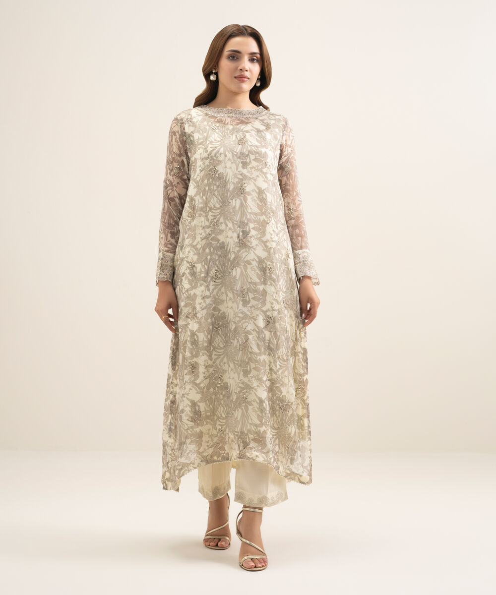 Women's RTW Blended Chiffon Embroidered Off White 2 Piece Suit