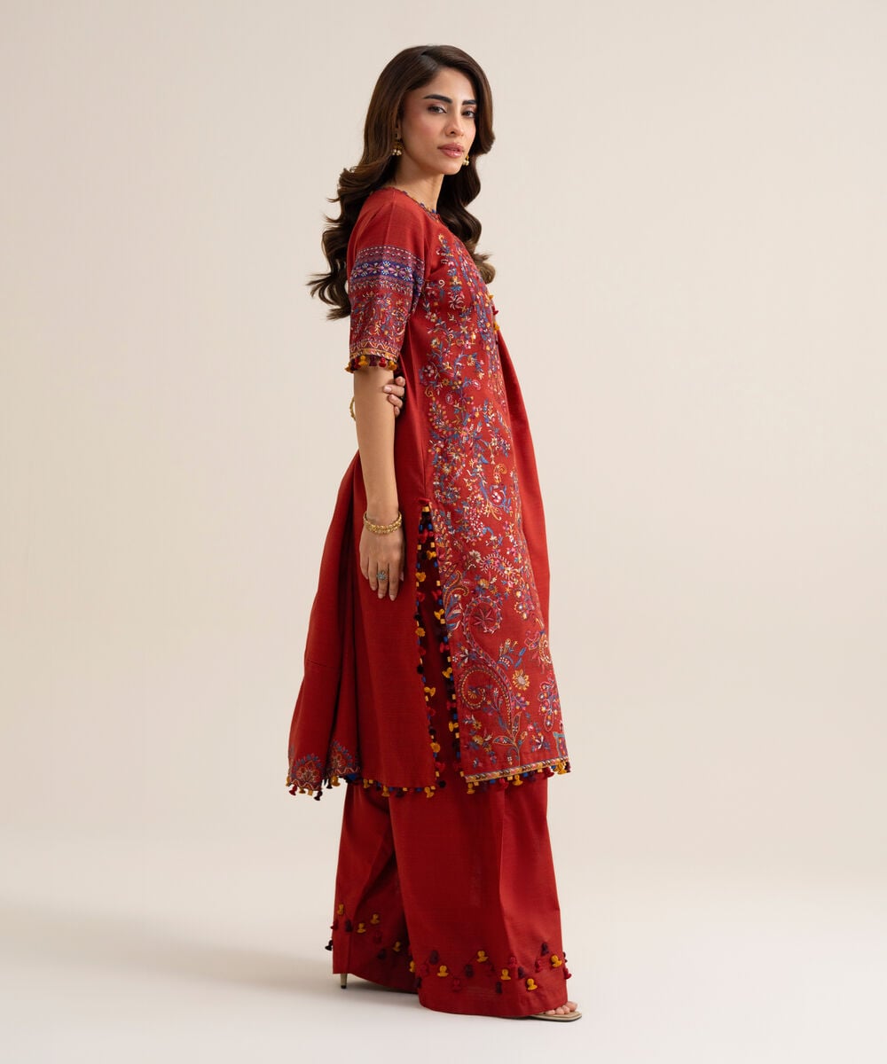 Women's Unstitched Basic Khaddar Embroidered Burnt Orange 3 Piece Suit