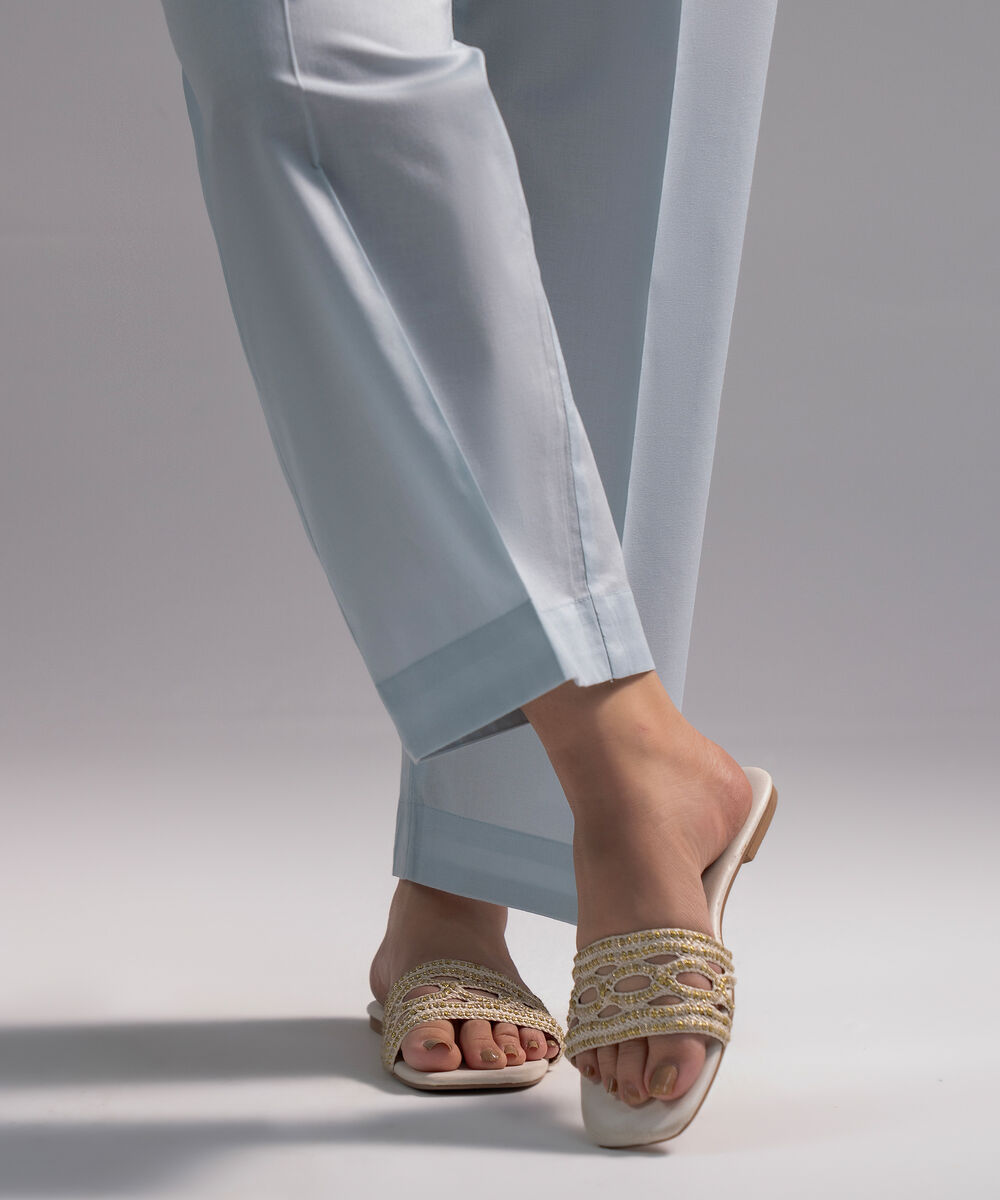 Women's RTW Cambric Solid Light Blue Straight Pants