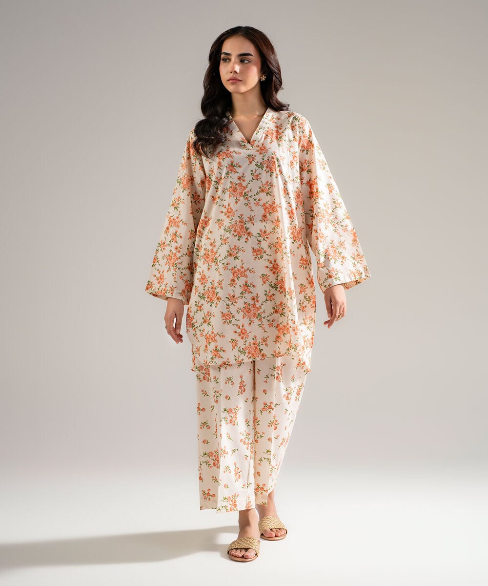 Women's RTW Lawn Printed Off White Straight Shirt