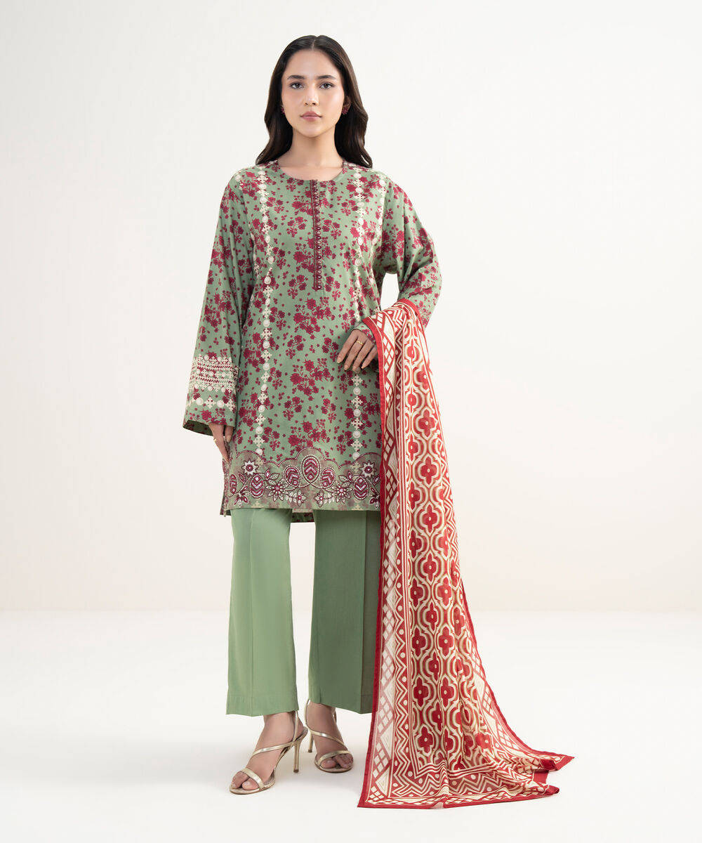 Women's RTW Cotton Viscose Embroidered Green Straight Shirt