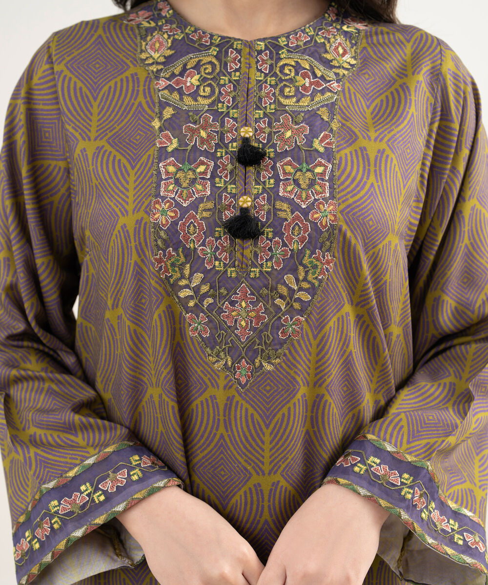 Women's RTW Arabic Cambric Embroidered Green Straight Shirt