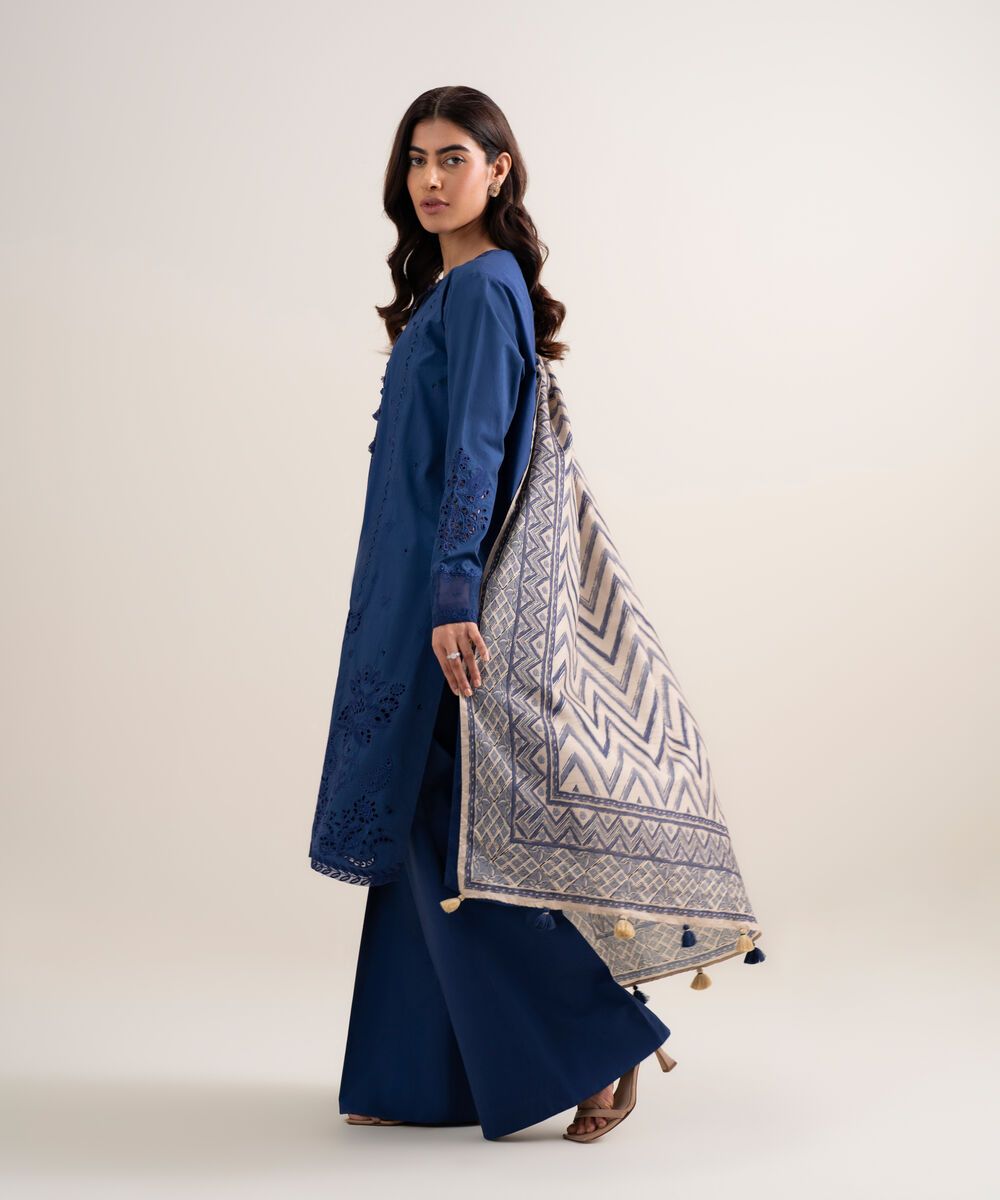Women's Unstitched Cotton Embroidered Blue 3 Piece Suit