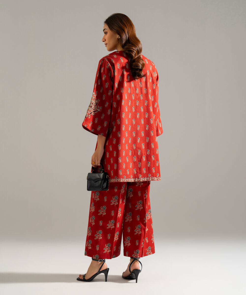 Women's RTW Seersucker Embroidered Red 2 Piece Suit