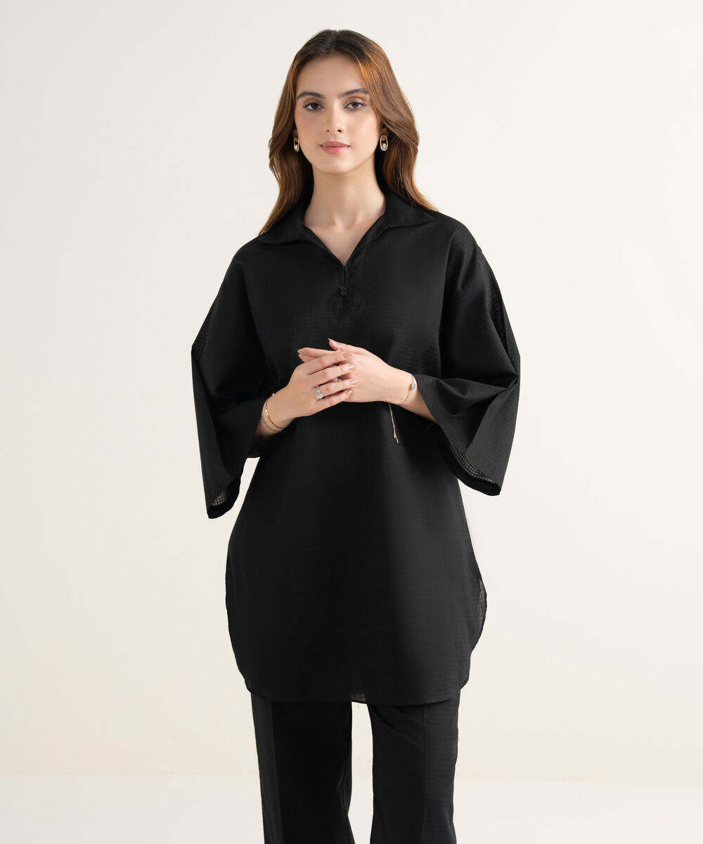 Women's RTW Textured Cotton Solid Boxy Black Shirt