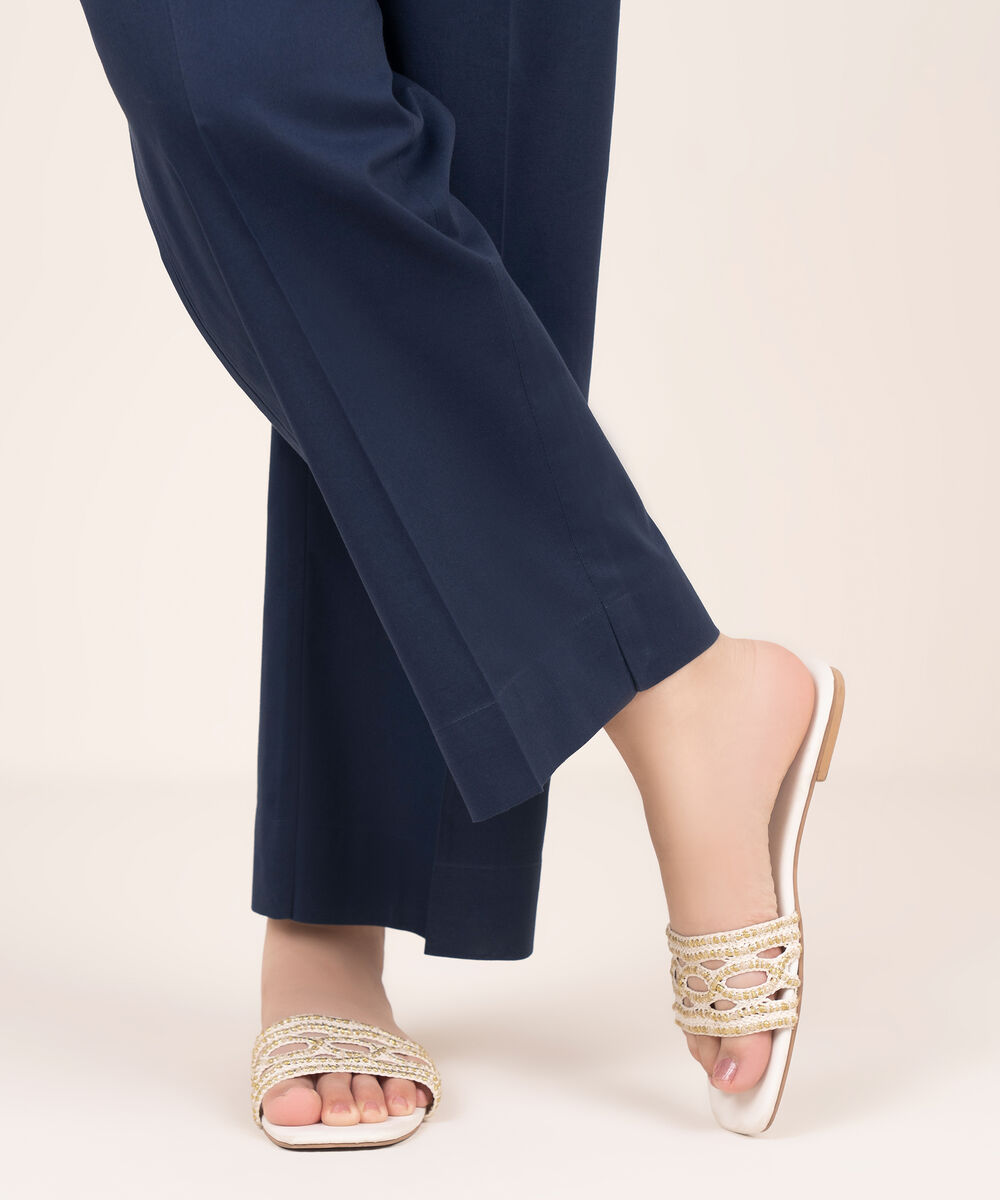 Women's RTW Cambric Blue Solid Straight Pants