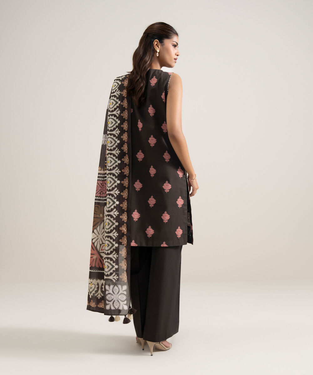 Women's Unstitched Lawn Embroidered Brown 3 Piece Suit