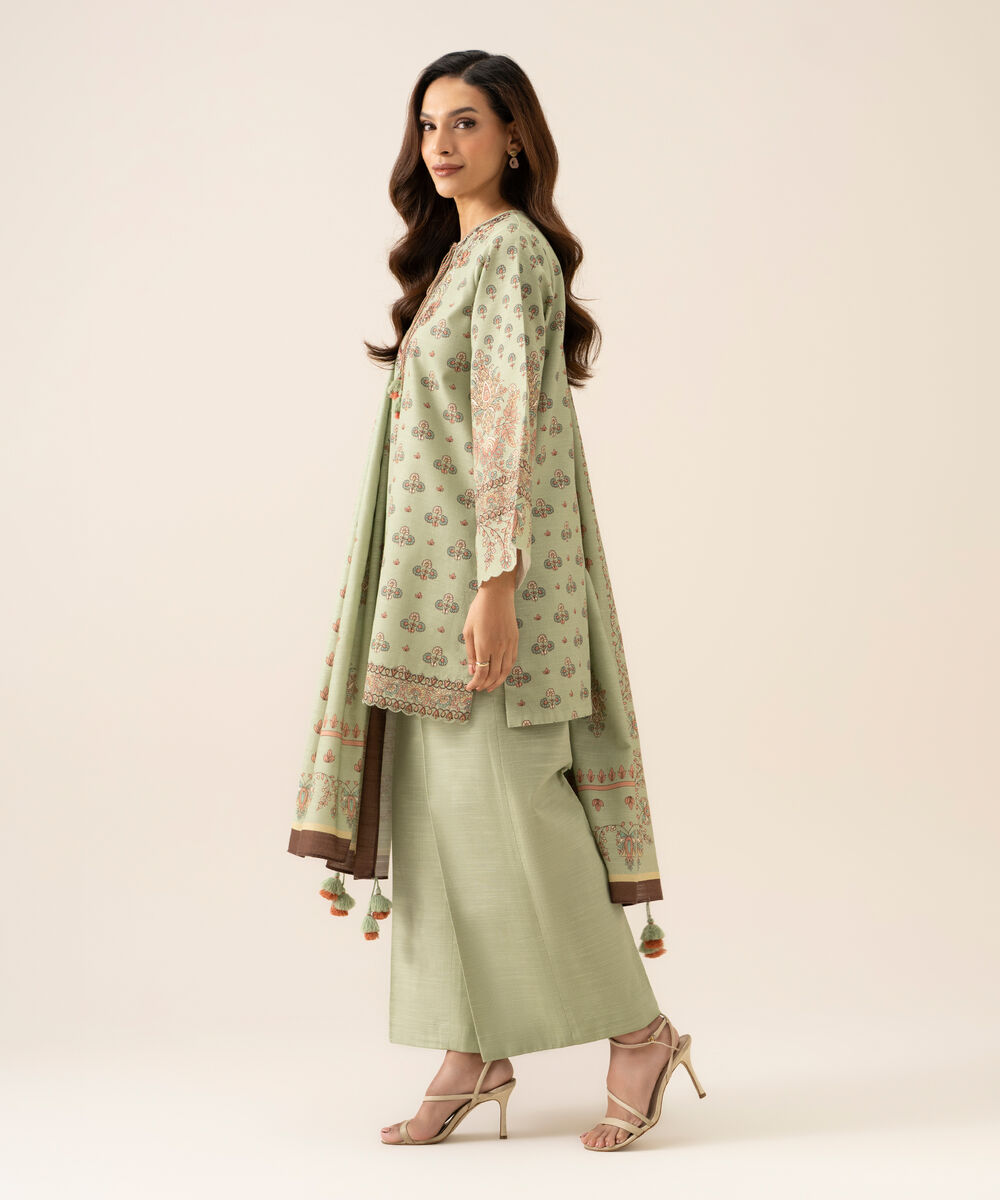 Women's Unstitched Cotton Embroidered Light Mint Green 3 Piece Suit