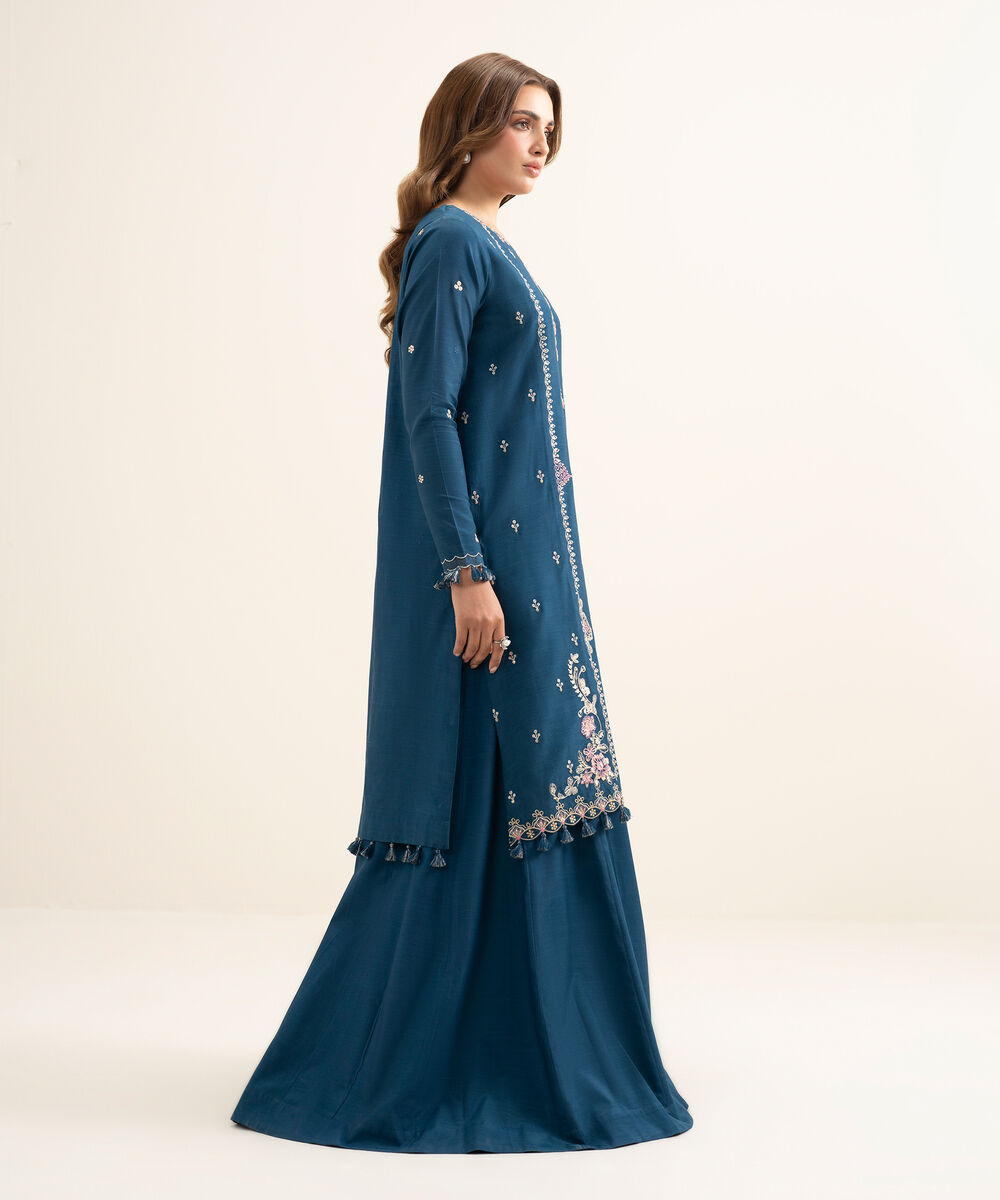 Women's Unstitched Viscose Raw Silk Embroidered Teal Blue 3 Piece Suit