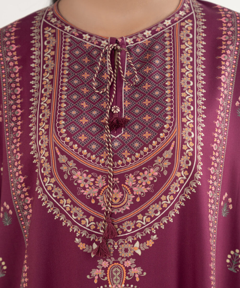 Women's RTW Viscose Linen Printed Purple Drop Shoulder Shirt