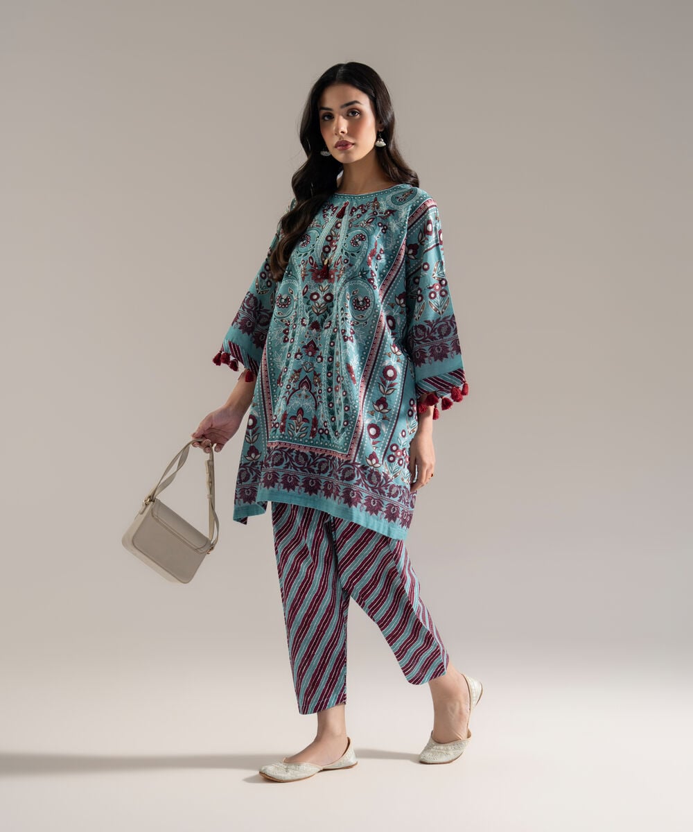 Women's RTW Khaddar Printed Blue 2 Piece Suit
