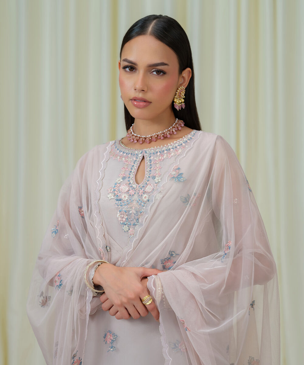 Women's Unstitched Blended Organza Embroidered Grey 3 Piece Suit