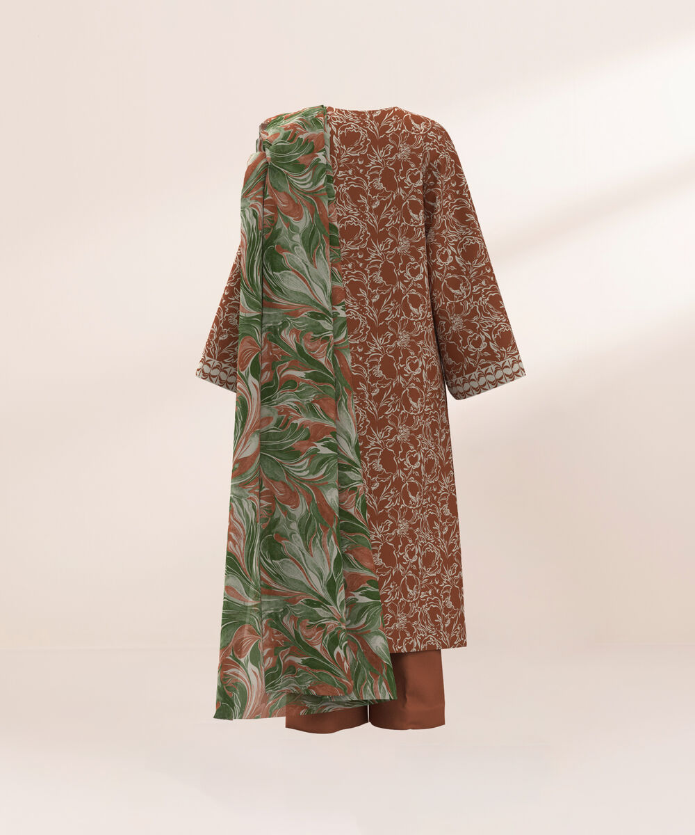 Women's Three Piece Printed Blue and Grey Lawn Suit