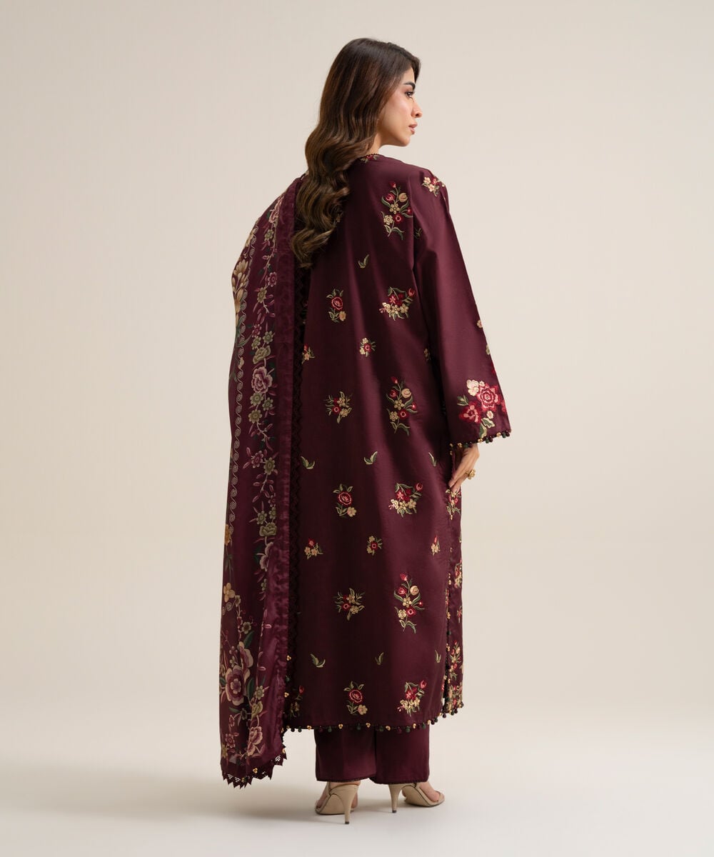 Women's Unstitched Cotton Embroidered Maroon 3 Piece Suit