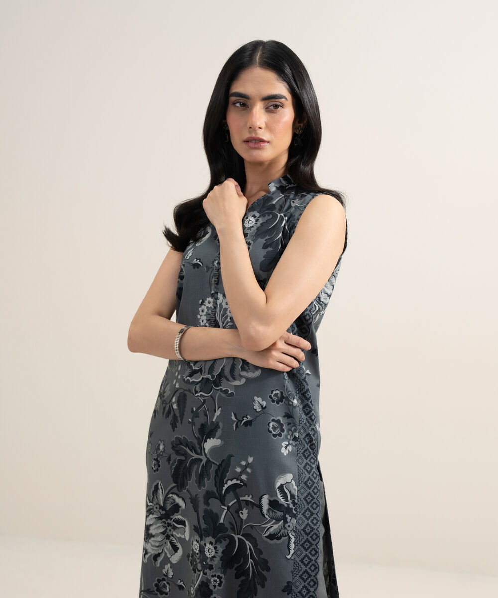 Women's Unstitched Lawn Printed Dark Grey Shirt