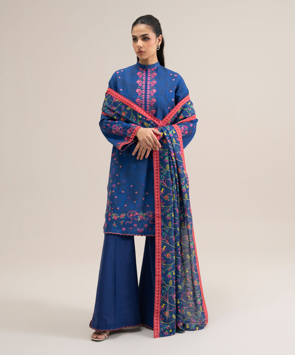 Women's Unstitched Basic Khaddar Embroidered Blue 3 Piece Suit