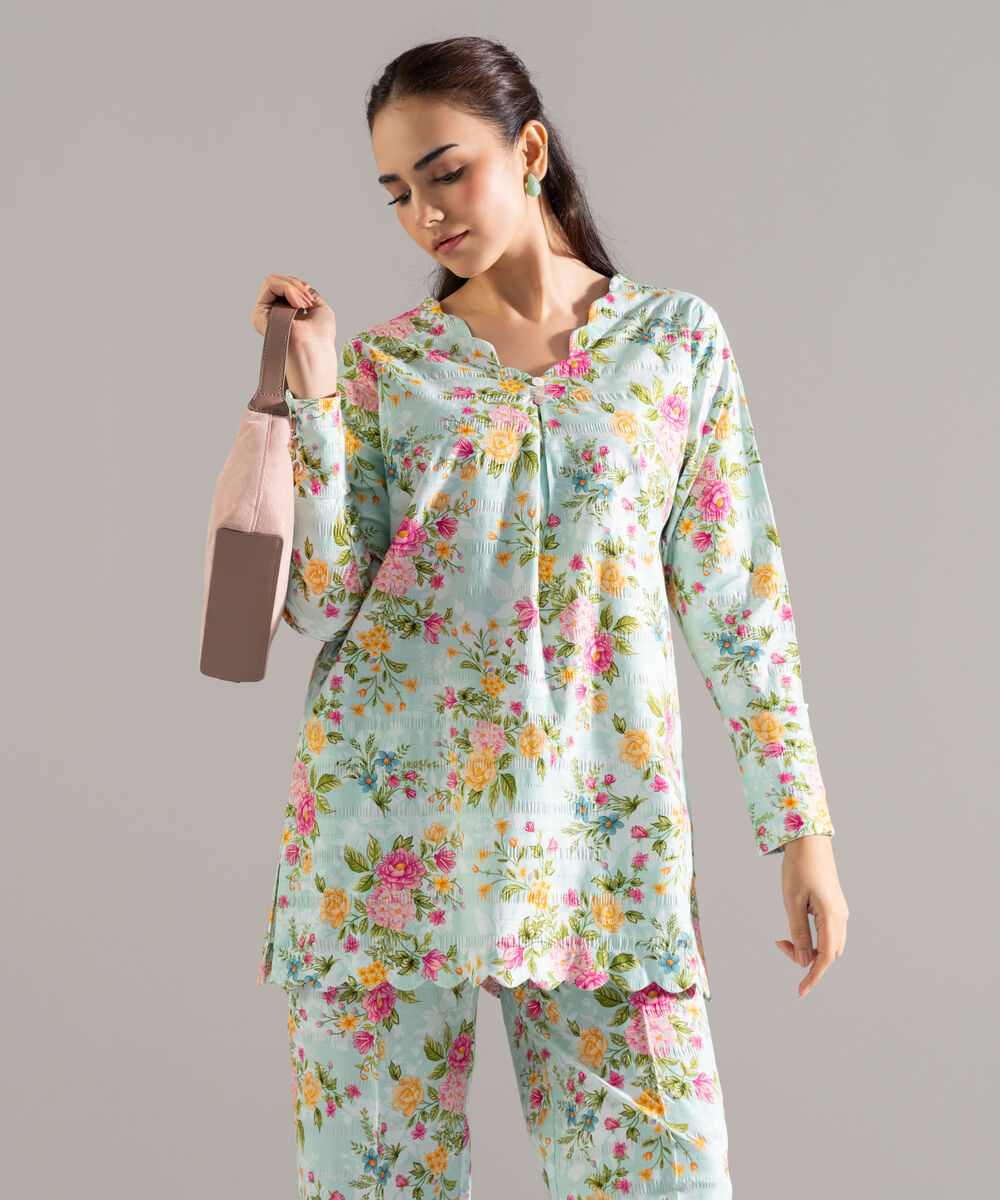 Women's RTW Seersucker Printed Turquoise Straight Shirt