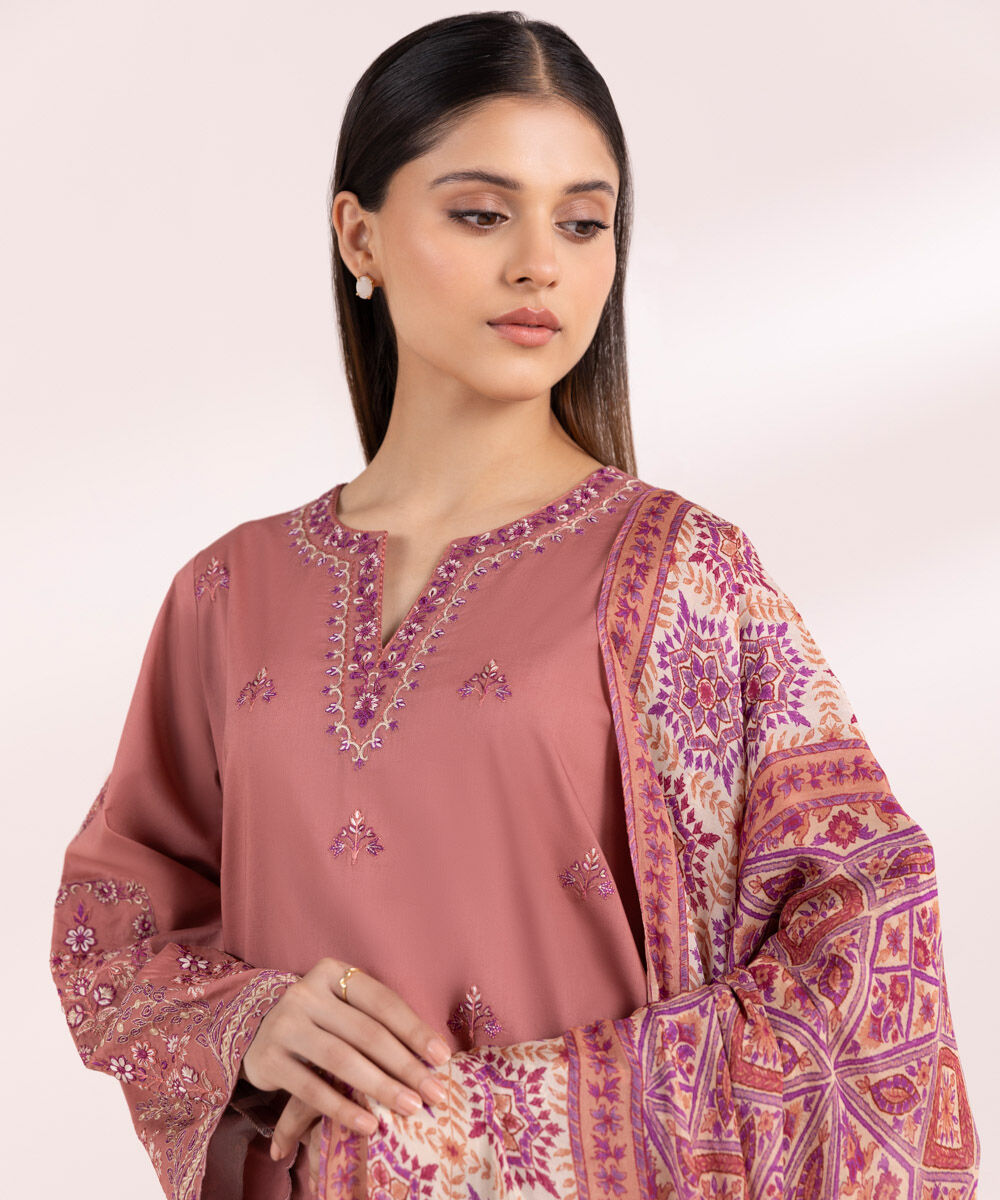 Women's Unstitched Raw Silk  Embroidered Dusty Pink 3 Piece Suit