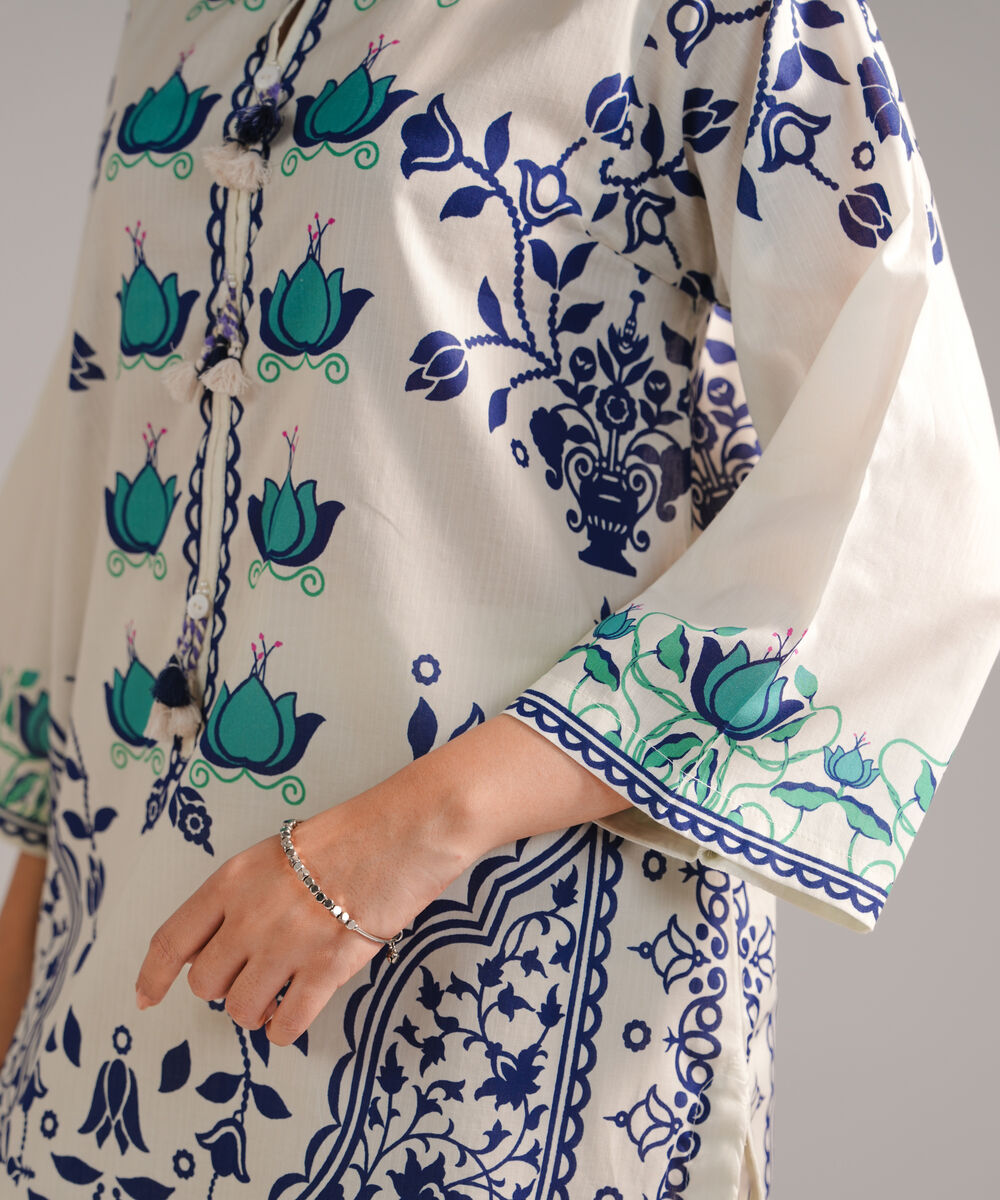 Women's RTW Cambric Printed Off White Straight Shirt