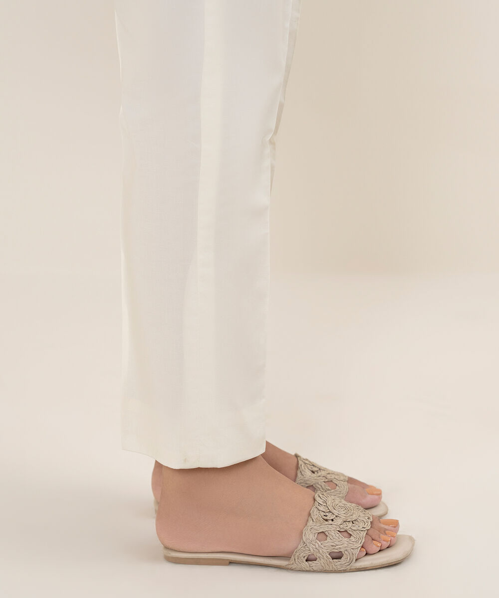 Women's Unstitched Cotton Printed Off White Trousers