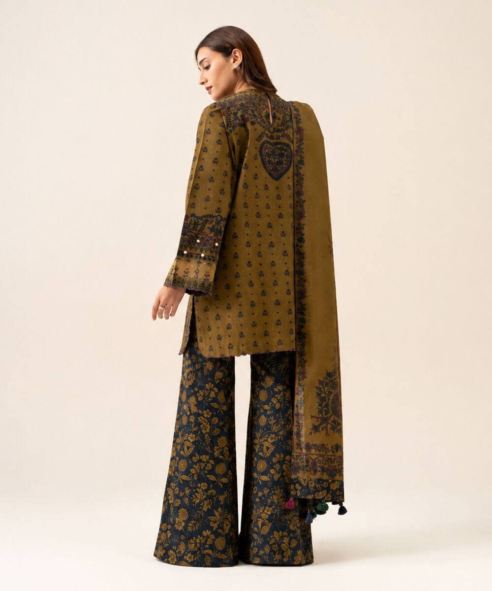 Women's Unstitched Light Khaddar Embroidered Dark Olive Green 3 Piece Suit
